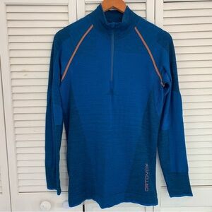 Ortovox 230 Competition Zip Neck Men L Blue Merino Wool Base Layer 1/4 Zip Shirt